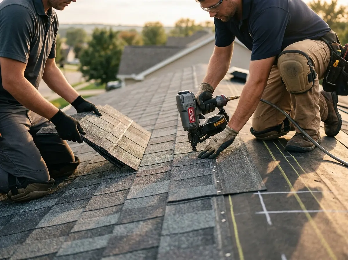 Professional roofer working on a residential roof in Eudora